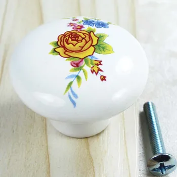 diâmetro de 38mm de moda rurais, de cerâmica gaveta sapateira tv armário botão de flor amarela branca do armário de cozinha armário armário de lidar com