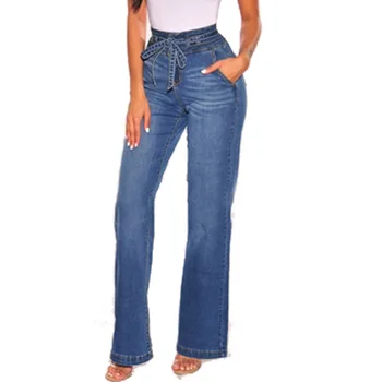 Altura de Cintura Jeans para Mulheres Casuais de Perna Larga Apertado Hip Folhas Calças Jeans Primavera Mulheres da Moda Lavado Reta Calças Jeans