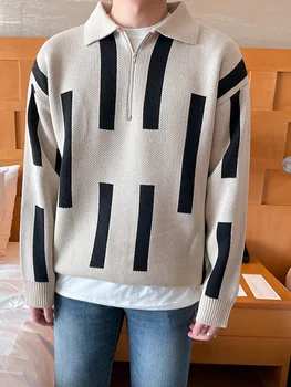 SYUHGFA vestuário masculino de 2023 Outono Inverno virada para Baixo de Gola de Impressão Camisola Solta Todo-jogo coreano de Streetwear Kintted Camisola do Pulôver