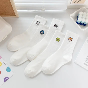 Meias para Homens e Mulheres coreano Moda Bonito Japonês Faculdade Estilo dos desenhos animados de Animais de Algodão Branco, Bordado de Esportes designer de meias