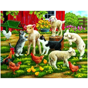 Bordado de diamante Cães gatos cordeiro 5D Diy Diamante Pintura, Mosaico Animais de Fazenda Resina Rodada Decoração do Diamante