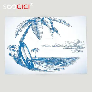 Personalizado de Lã Macia Jogar Cobertor de Surf Decoração Contemporânea Esboço Ilustração de Praia Havaiana com Prancha de surf Palmeira