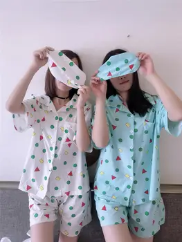 Pijama Conjunto De Verão Harajuku Impresso Kawaii Cartoon Pijamas De Algodão De Manga Curta Verão Pijamas 3 Cores