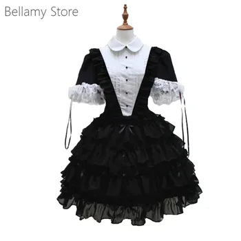 Feito para Você Gothic Lolita classic Preto de Algodão Branco Lapela Curto Mangas Bainha de Renda Doce Vestido de