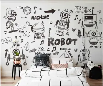 personalizado mural na parede de fotos de papel de parede 3d Cartoon desenhado a mão Graffiti robô para Crianças, decoração de quarto de papel de Parede para parede na rola