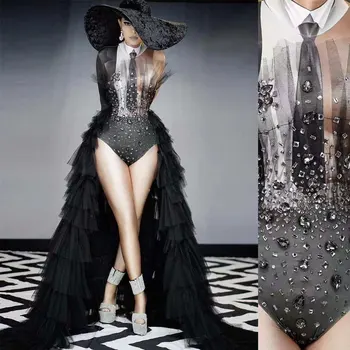 O cristal preto Longo Rejeito vestido bodysuit de Moda as Mulheres Cantor Modelos de Passarela Traje de Roupa de Dança do Bar Discoteca Fase de Desgaste