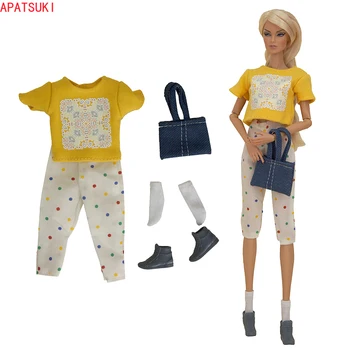 Amarelo Primavera Polca da Moda de Roupas Para a Boneca Barbie Crop Top Shorts Saco de Sapatos meias Brinquedos Boneca Conjunto de Roupa de 1/6 Bonecas Acessórios