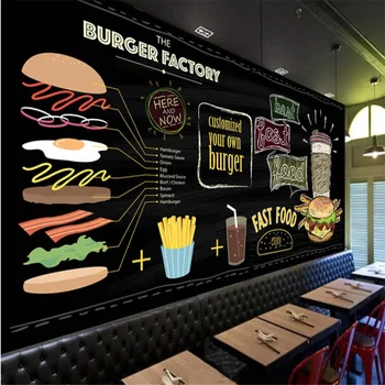 Personalizados em 3D papel de parede mural Europeu e Americano, pintados à mão, hambúrguer de fast food restaurante snack bar na parede do fundo