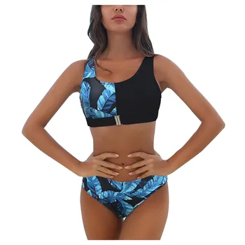 Sexy de Impressão Nova moda praia Praia Zíper Mulheres de Divisão da Planta Swimsuit Bikini Swimwears Tankinis Conjunto Swimwears tankinis maiô sexy
