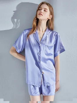 Mulheres Reais 100% Seda Do Pijama Conjunto Sólido De Shorts De Pijama Pijama Femme Luxo Azul Bedgown Hangzhou 19 Momme Pijamas De Seda Ternos