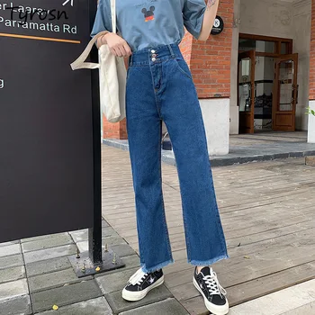 Cintura alta Jeans Mulheres de Design de Borla Zíper Voar forrado de Pele de Retro-coreano de Moda do Tornozelo-comprimento de Perna Larga, Denim, Calças de Mulher Chique