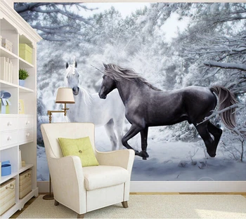Personalizado de cavalos 3D papel de parede, um preto e branco para a TV da sala de estar de plano de fundo de parede de tecido impermeável de papel de parede