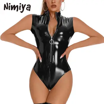 Nimiya Womens Moda sem Mangas Body Zíper frontal Stand Colar de Brilhante Leotards Couro de Patente Clubwear de Pole Dance Catsuits