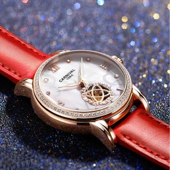 Montre Femme 2022 Novas Mulheres Relógios De Moda Ouro Diamante Relógio Automático Safira Impermeável Vermelho Pulseira De Couro Relógio Mecânico