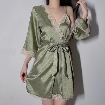 2022 Noite Veste Mulheres de Camisola Solta Suspender Nightdress do Conjunto Laço de Costura Pijama Laço Fino Roupão de banho das Mulheres Homewear Terno