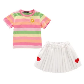 DFXD Meninas Conjunto de Roupas de 2020 Verão, as Crianças de Moda, Roupa de Princesa Define Colorido Listrado T-shirts Bordado de Coração Saias Plissadas