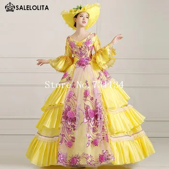 2019 Real De Impressão Amarelo Palácio Vitoriano Lolita Vestido Das Mulheres Do Vintage Marie Antoinette Rococó Baile Vestidos De Vestidos De Festa