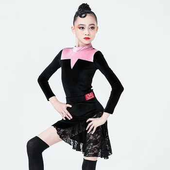 Latina do Concurso de Dança de Traje de Veludo Manga Longa Collant Laço de Costura da Saia Meninas ChaCha Performance de Dança Vestuário YS2349