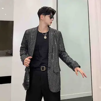 Slim coreano DJ discoteca dos homens novos lantejoulas ins glitter casaco de outono mostrar terno terno personalizado