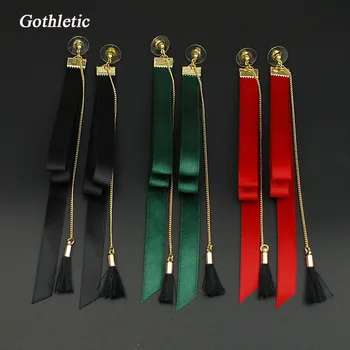 Gothletic 14cm de Ultra-Longa Borla Brincos para Mulheres 2019 Moda de Nova Preto/Vermelho/Verde Fita de Tecido Queda de Jóias Artesanais