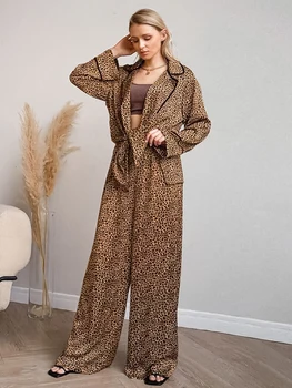 Tulin Moda das Mulheres de roupas de Dormir do Leopardo de terninhos para Mulheres de Roupas de Cetim Camisolas virada para Baixo de Gola Outono Camisola