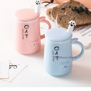 Água e Café Copo de 400ml Kawaii Gato Ins Taça de Cerâmica Estudante coreano Estilo Cartoon Caneca com Tampa Colher de Leite Bonito Canecas e Copos