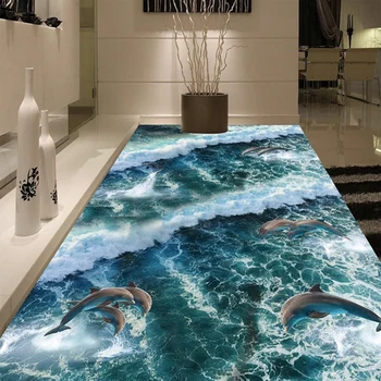 Personalizadas de Fotos em 3D Azul das Ondas do Mar Golfinhos Andar de Pintura em PVC Auto-adesivo Murais Adesivo para Banheiro Corredor de Azulejos de Decoração