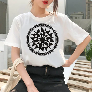 Nova Camiseta Geometria Impresso Tops de Vestuário Feminino Seção Fina camisa de T de Mulheres Harajuku Branca de Manga Curta T-shirt das mulheres de roupas