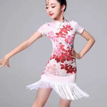 Moda de curto manga impressão de Flor de borla dança latina de uma peça de vestidos para menina/as crianças, salão de Estilo Chinês traje