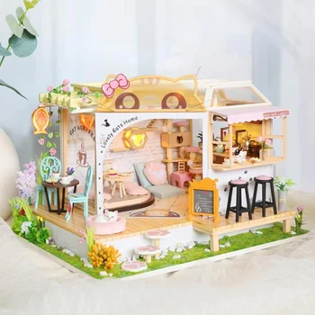 Madeira DIY Casa de bonecas, Kits de Miniatura, Com Mobiliário Bonito Gatos Café Casa Casa Casa de bonecas Montados Brinquedos Para Meninas Presentes de Natal