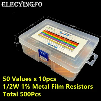 50 Valores de 1/2W 1% resistências de película 5-Banda-Código 1.2 R-1M cada 10 peças Total de 500 peças Resistor Kit Com Caixa