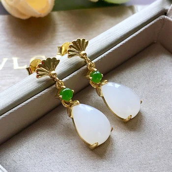 Prata incrustada natural de Hotan jade branco miolo de queda em forma de longos brincos de estilo Chinês, retro Boêmio encanto as mulheres de jóias