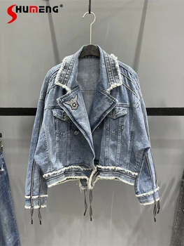 Solta Bordado Franja Azul Jaqueta jeans Feminina Streetwear 2022 Queda Casuais Novo Batwing Manga Baggy Jeans com a Coats para Mulheres