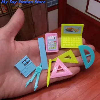 Alta Qualidade 9pcs/set 1:12 Casa de bonecas de papel de carta kit régua Ábaco computador Calculadora caneta