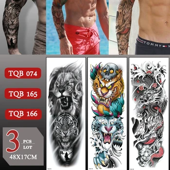 3 pcs/monte Braço Completo Impermeável Leão Tigre da Etiqueta Temporária Tatuagem Grande Manga do Braço Falso Tatuagens Para Homens Mulheres Braço Perna Adesivo