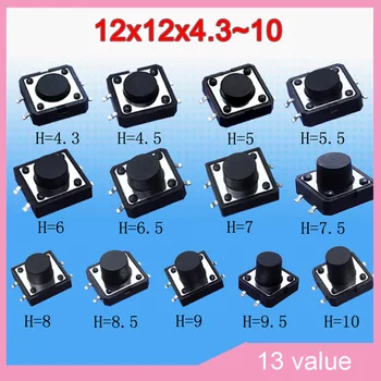 13valuesx10pcs=130pcs Tact Switch Kit 12*12*4.3-10 mm SMD Táctil Botão Interruptores 12x12 mm Micro-Interruptor