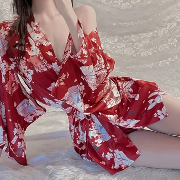Corte Japonesa De Quimono Bellyband Lingerie Sexy Camisola Uniforme De Cetim De Seda Manto De Conforto Com Estampa Floral E Pijamas De Cetim Homewear