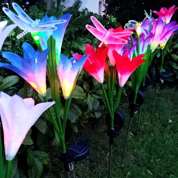 LED Solar de Três-Cabeça de Lily Borboleta, Libélula Lâmpada Lily Lanterna ao ar livre do Villa Jardim de luz de Gramado luzes solares da luz solar ao ar livre