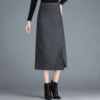 Outono Inverno Feminina Longa Saia de Lã coreano Moda Slim Fit Fenda Pacote de Hip Saia com Cinto de Cintura Alta de Uma linha de Saia P114