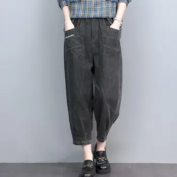 2022 Nova Chegada do Verão as Mulheres de Algodão Patchwork de Jeans do Tornozelo-comprimento de Calças Soltas Casual Cintura Elástica Harém Calças Jeans P752