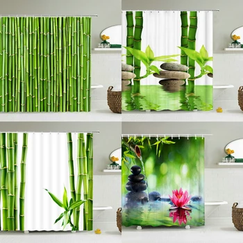 Planta verde Bambu Cortina de Chuveiro do Banheiro Cortina de Banho de poliéster Impermeável Impressos em 3D Árvores Tela de Banho Com Ganchos
