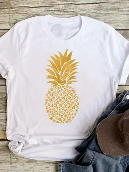 Manga curta Verão do Fruto do Abacaxi Praia Gráfico T-Shirt com Roupas Casuais Roupas da Moda das Mulheres de Impressão Tee T-shirt Feminino Top