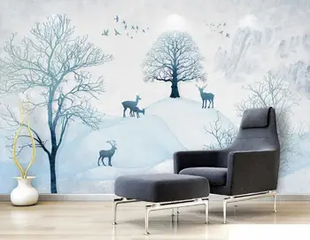 Baçal 3D Personalizado mural de papel de parede Azul Moderno da Árvore de Floresta de Alce na Parede do Fundo pintura de decoração foto de papel de parede para parede 3 d